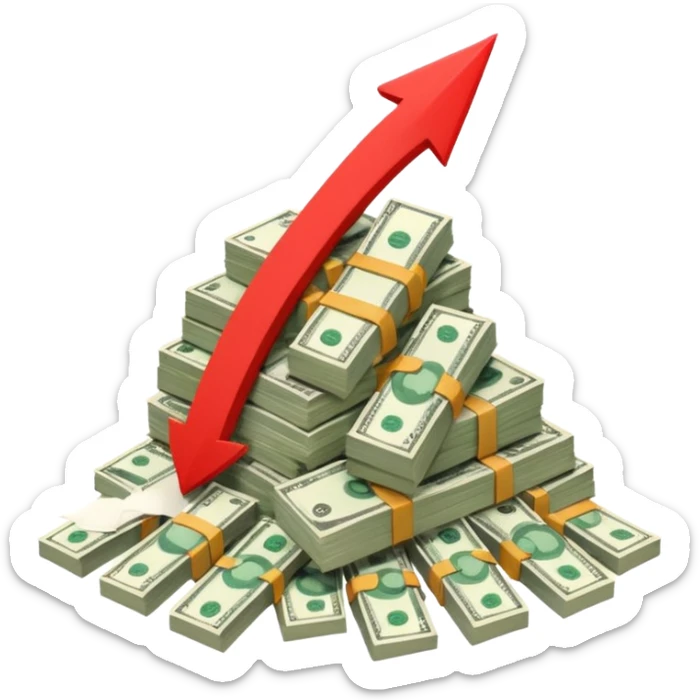 a pile of money with red arrow up with a strategy paper background sticker