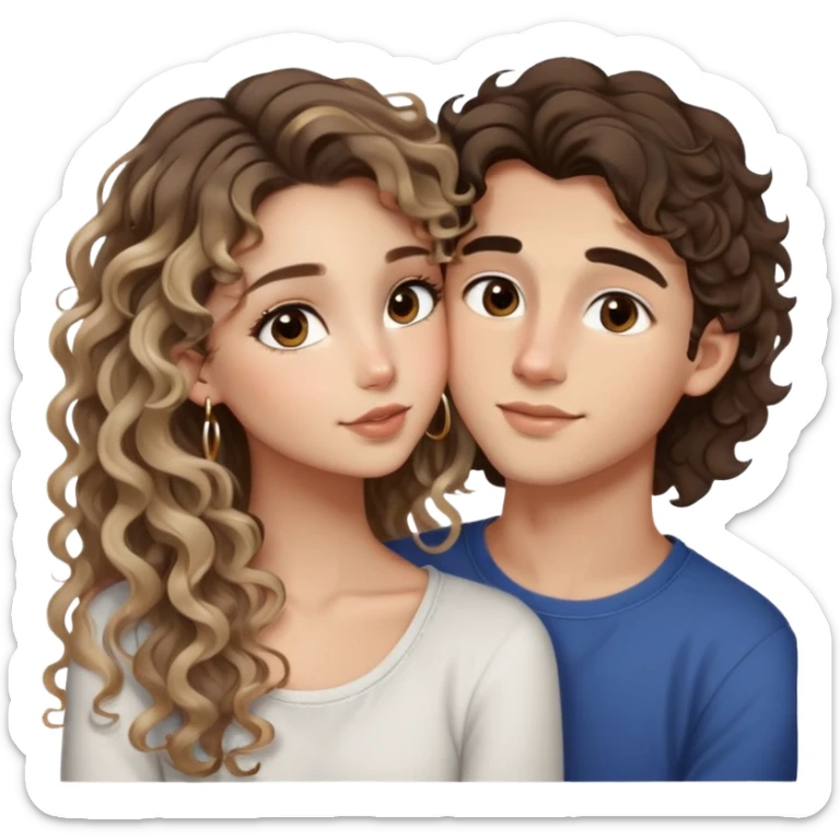 cute girl long brunette balayage curly/wavy not voluminous hair, brown eyes, hoop earrings, natural pretty clean makeup: kissing on the cheek a cute boy blondish straight messy hair and brown eyes sticker