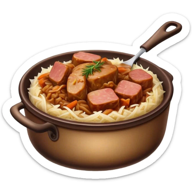 Cinematic Realistic Bigos Dish Emoji, showcasing a hearty stew of sauerkraut and meats rendered with rich textures and dynamic, rustic lighting. sticker