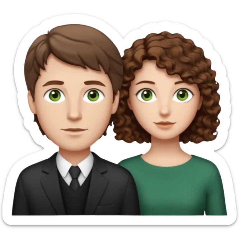 White Man in the middle with brown hair and green eyes, women next to him with short brown hair with slight waves, taller women on right side with shoulder length curly hair and brown eyes sticker