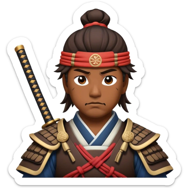 Cinematic Realistic Samurai Pop Culture Emoji, depicted with a noble, stoic portrayal of a samurai warrior rendered with crisp detail and dramatic, traditional lighting. sticker