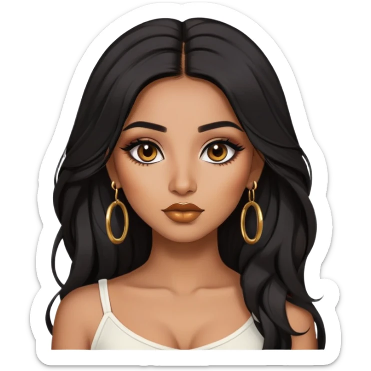 indian girl, brown skin, long black voluminous hair, brown underneath colored hair, baddie,pretty, makeup, lipliner, black eyeliner, gold hoop earrings, white top sticker
