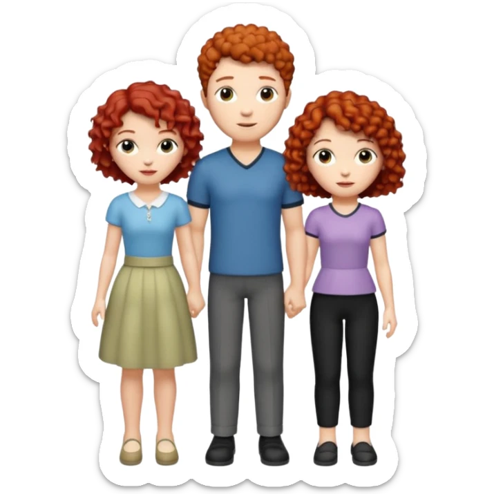 crie uma figurinha com uma família de três uma mulher branca de cabelo  cacheado curto vermelho um homem branco de cabelos preto e uma menina branca de cabelos cacheados preto sticker
