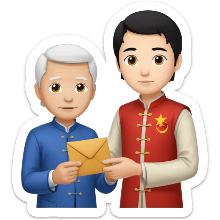 a young student with morden T-shirt and black hair, who is handing letter to a old man official with white hair chinese tunic suit sticker