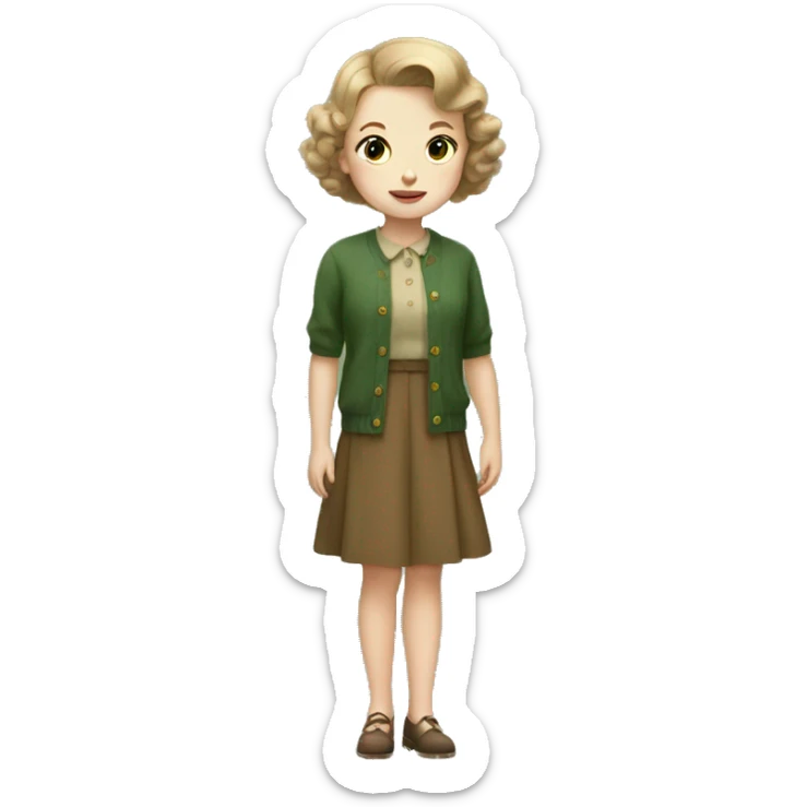 Very young girl with pale skin, light brown, short hair, a brown 1940s dress with an earthy green cardigan sticker