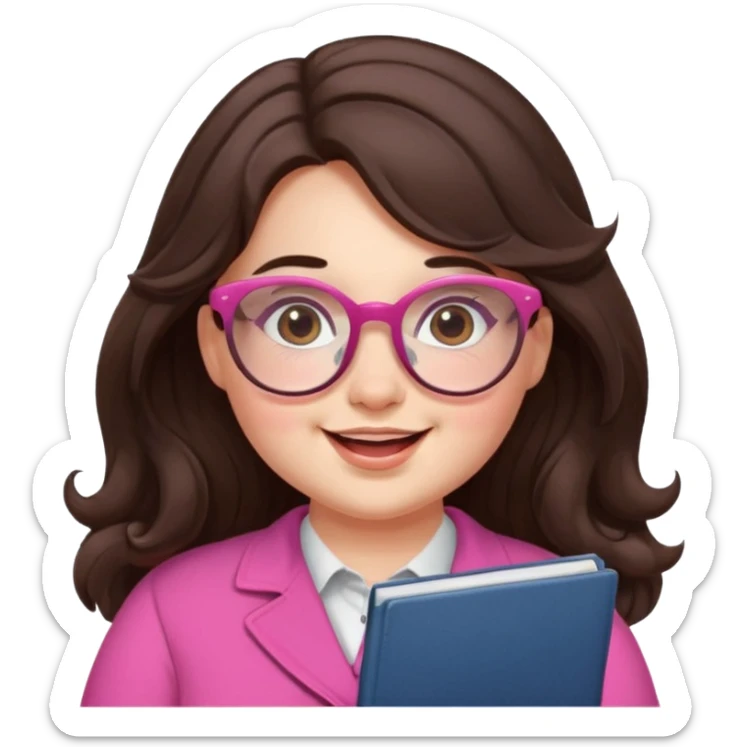 chubby English teacher cute girl face joyful wavy long dark brown hair pink glasses classroom background for online classes sticker