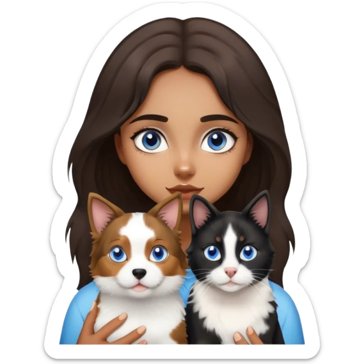 Young brown girl with blue eyes and dog Australian shepherd and a black and white cat sticker