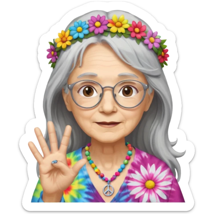 elderly woman with long grey hair, glasses, peace sign necklace, tie-dye clothing, flower crown sticker