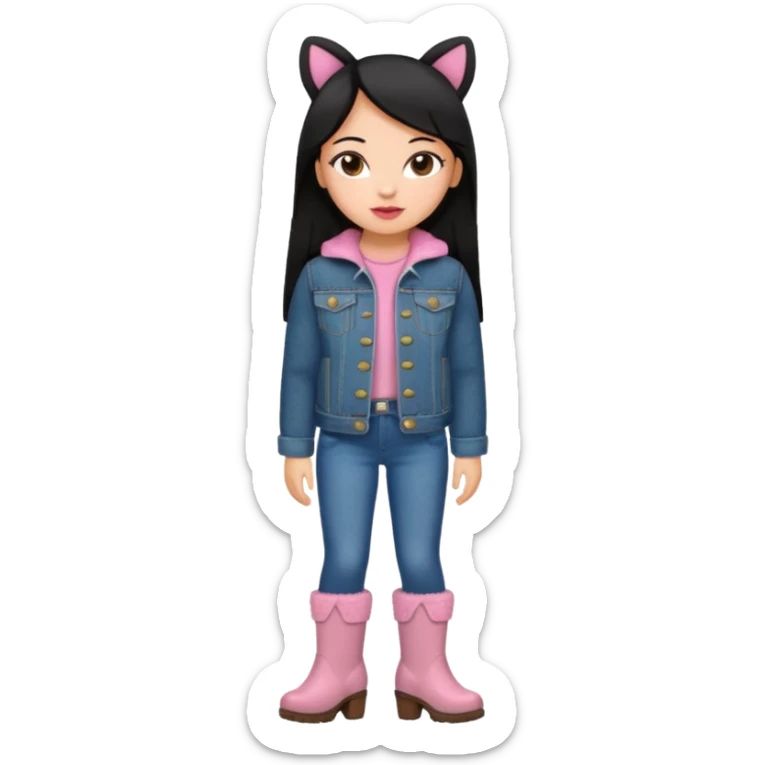 Gordita, ojos pequeños de color cafe oscuro, labios pequeños y rosados, piel trigueña, orejas pequeñas, cabello largo lazio y negro, pequeña. cuerpo completo. vestida con saco de lana jean y botas color café sin orejas sticker