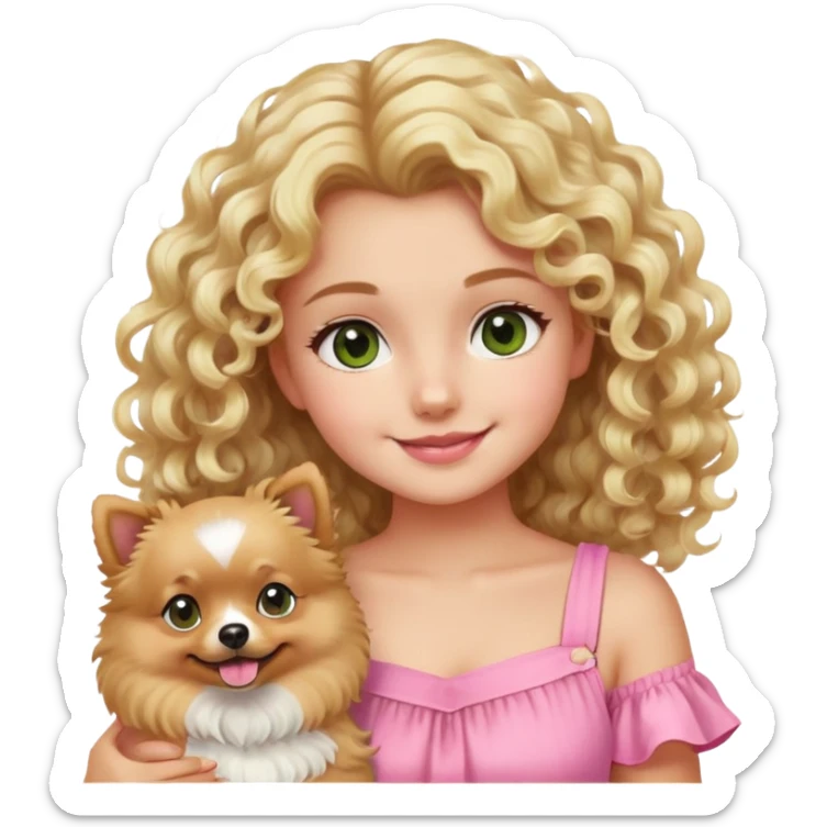 smiling girl with blonde curly hair and brown/Green eyes with a Blond Pomerania in a pink summer dress  sticker