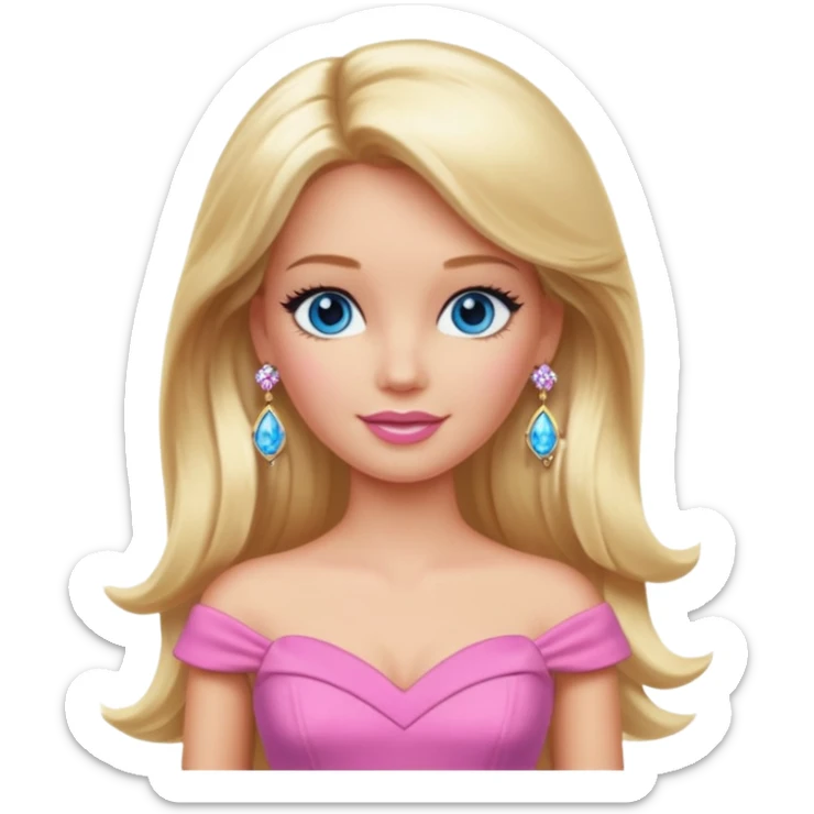 barbie, long blonde hair, pink dress, with blue eyes,different dress,ear rings, jewelary. sticker