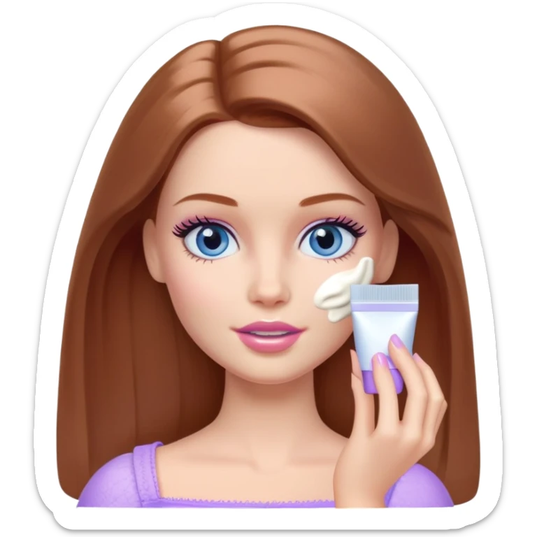 Barbie girl Chestnut Shoulder-length hair and blue eyes is In pale purple applying cream on face sticker