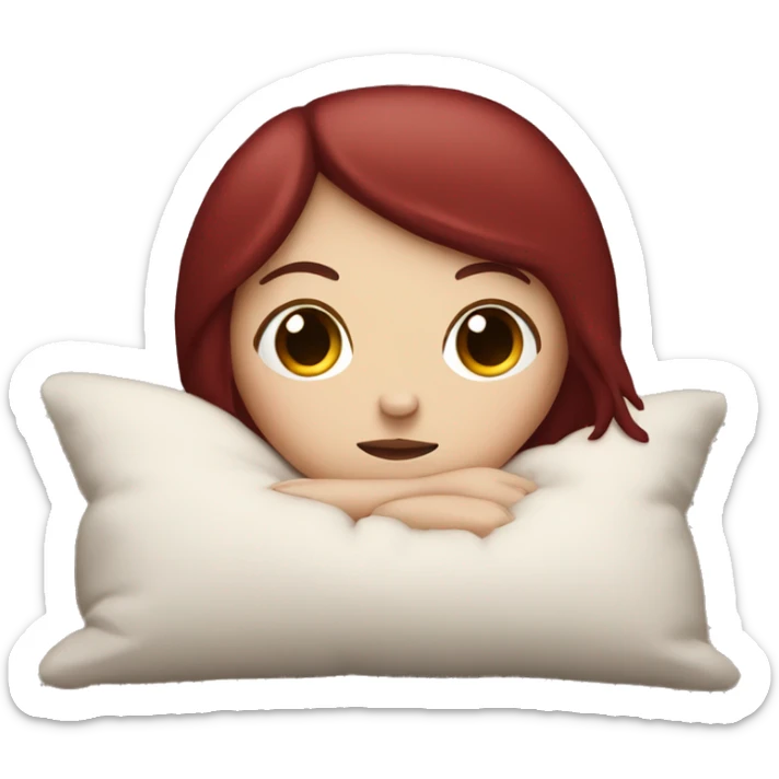 White girl with dark red hair and bangs holding pillow sleepy cozy sticker