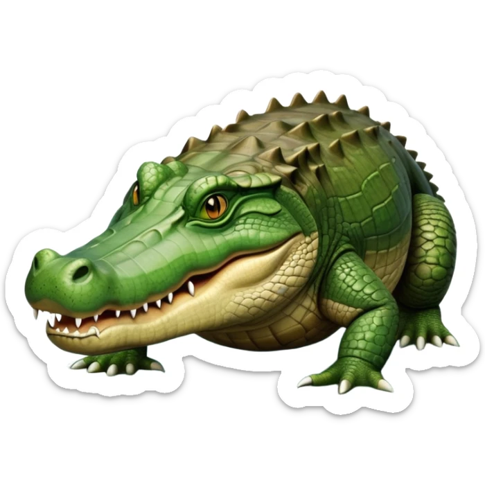 cinematic-crocodile-realistic-full-body-on all fours-emoji,-massive-scaled-body-partially-submerged-in-shallow-water,-head-tilted-dramatically,-rough-green-and-brown-hide-textured-with-deep-ridges,-simplified-yet-realistic-focused-features, head held high sticker