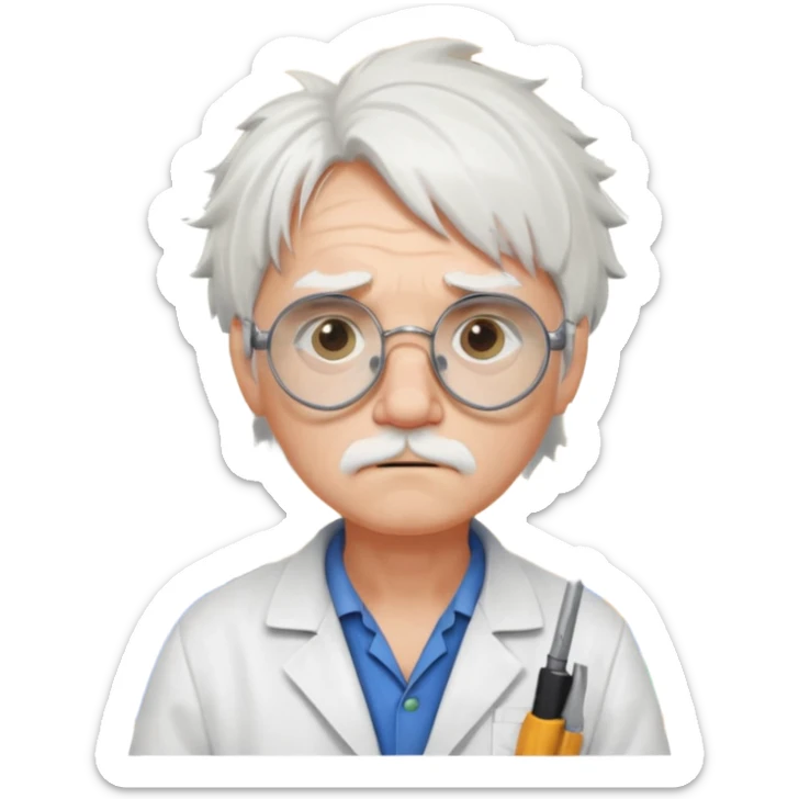 Portrait of an eccentric inventor with messy white hair, round goggles on forehead, sad face , wearing a slightly burnt lab coat, background of workshop with blueprints and tools sticker