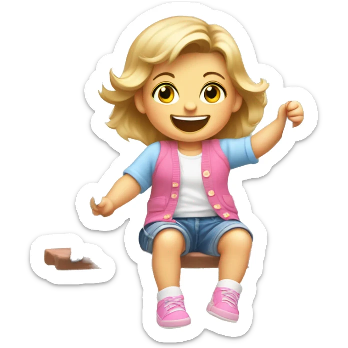 A white female baby aged 15months with browny blonde hair and blue eyes, wearing a pink Cardigan and denim shorts and blue shoes, on a swing in a park with a huge smile and smiling eyes sticker