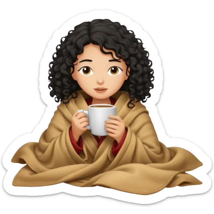Tan light girl with curly black hair I nside a blanket sipping coffee eyes closed sticker
