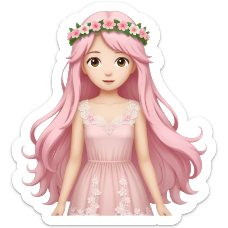 pastel anime woman with pink and white lace dress full body and long hair with flower crown sticker