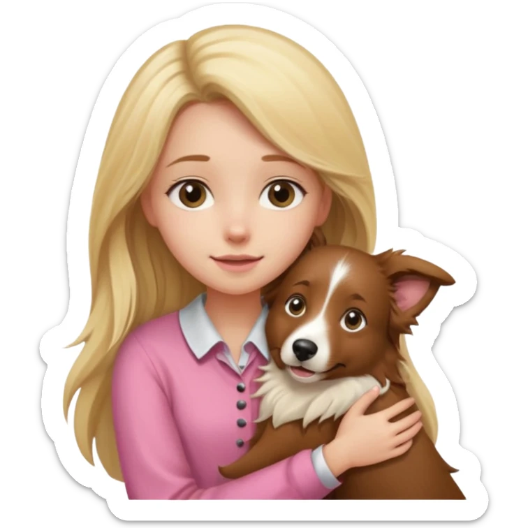 Garota loira fofa de cabelo comprido usando uma blusa rosa abraçando um border collie marrom  sticker