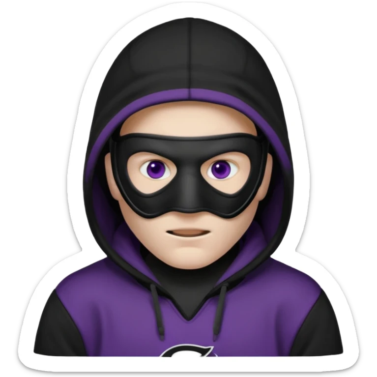non human male cartoon character related to a shadow, with all black clothes, focusing a black hoodie, and a black hockey face mask covering his entire face, just his purple shadow eyes making a light bloom, no background sticker