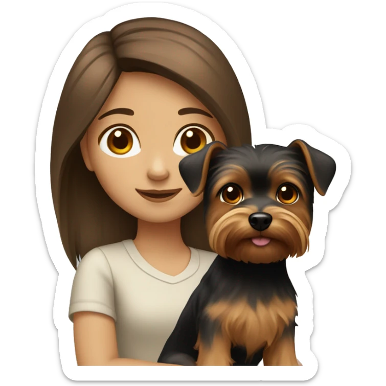 girl with brown hair and brown eyes with a Yorkshire Terrier dog sticker