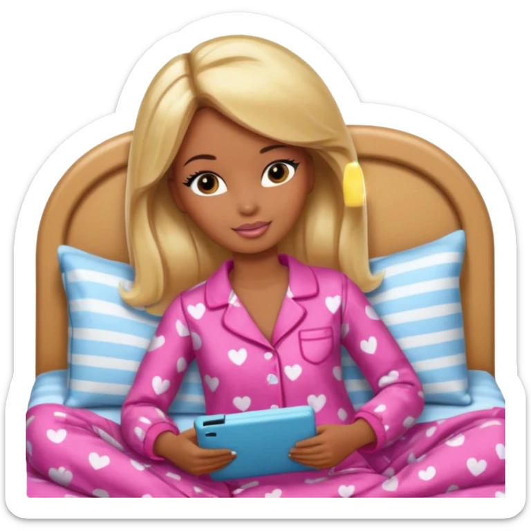 Brown skin blonde hair Barbie in pajamas in bed sticker