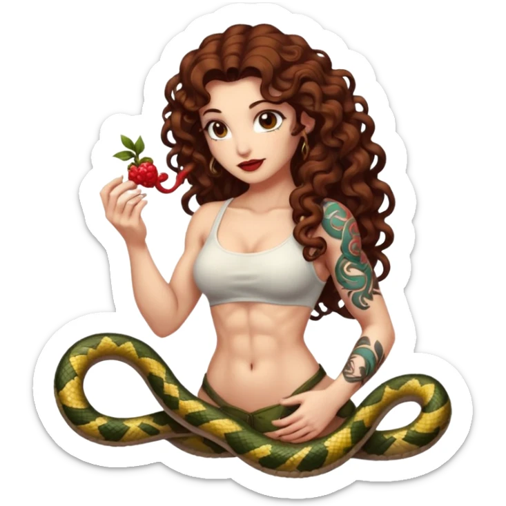 full body woman long curly brown hair brown eyes white skin tattoos muscular build feeding snake a glowing berry sticker