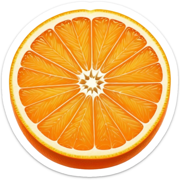 Cinematic juicy orange, sliced open to reveal glistening, bright citrus flesh, soft golden highlights, fresh and refreshing, natural and vibrant. sticker