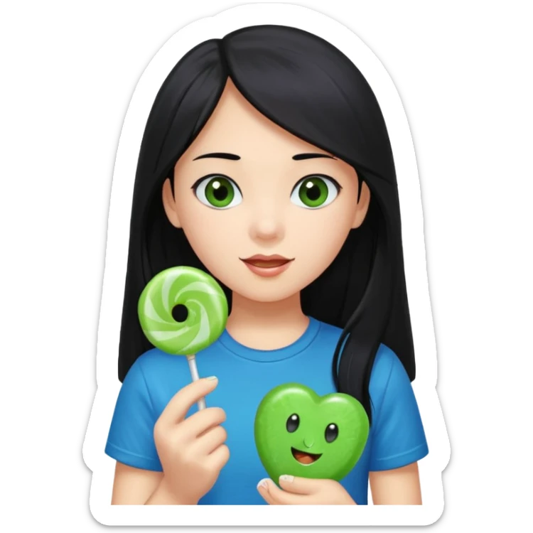 A girl with long black hair and black eyes wearing a blue t-shirt holding a piece of green hard candy in one hand and a green candy wrapper showing a guava on it in the other hand sticker