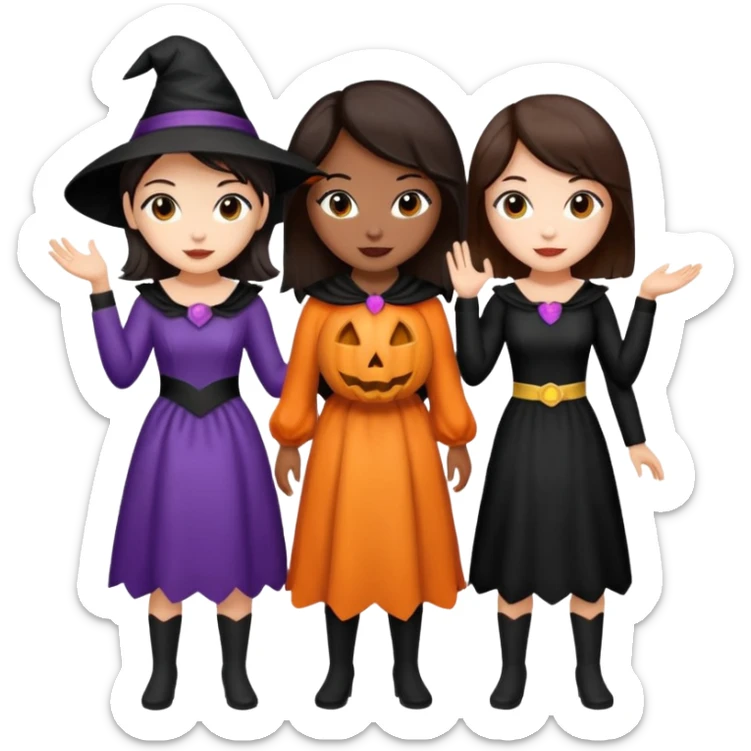 Three best girlfriends cute Halloween with dark brown hair. One African-American, one Asian, one Caucasian. sticker