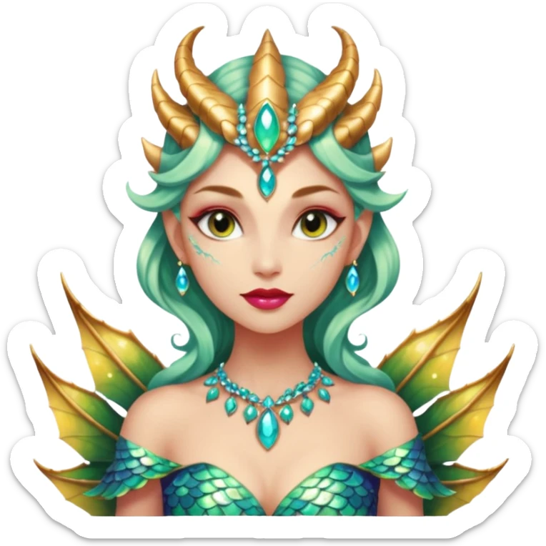 Am amazing blend of a half dragon woman with glittering jeweled scales covering her body. She has large almond shaped eyes, lush lips, and she wears a stunning luminescent gown. sticker