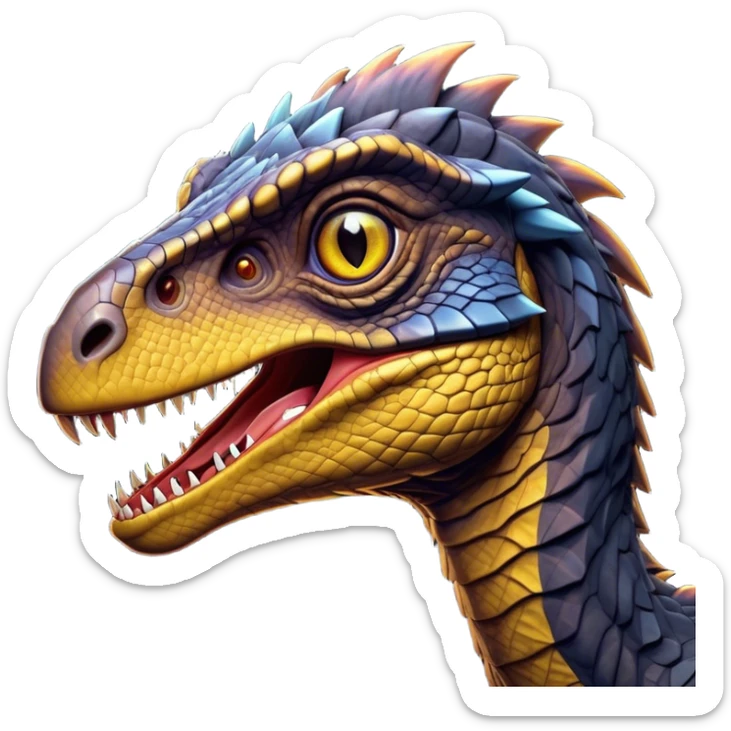 Cinematic Noble Jurassic Velociraptor Portrait Emoji, Poised and menacing, with a sleek, muscular build clad in dark, scaly skin reminiscent of Jurassic Park’s iconic raptor, a sharply curved snout and piercing, intelligent eyes that exude predatory cunning, Simplified yet boldly defined features, highly detailed, glowing with a cool, ominous radiance, high shine, intelligent and relentless, stylized with an air of cinematic prehistoric authority, focused and alert, soft glowing outline, capturing the essence of a watchful and confident Jurassic Velociraptor that appears ready to dash out of the screen with effortless power! sticker