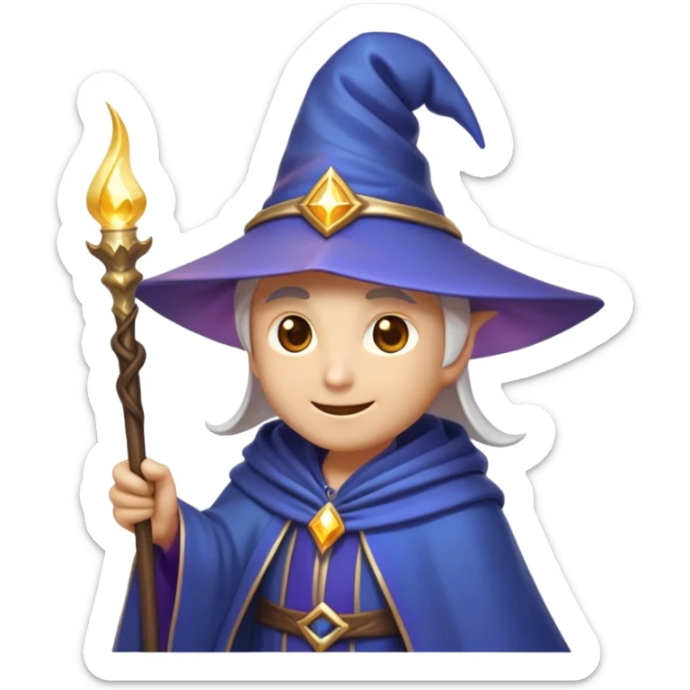 Clash of Clans aesthetic Playful Mage Portrait Emoji, Head tilted with a mischievous glimmer and subtle enchanting smile, featuring a compact, gracefully robed form with a pointed wizard hat and twinkling eyes in natural skin tone, Simplified yet irresistibly charming features, highly detailed, glowing with a warm, inviting magical glow, high shine, spirited and imaginative, stylized with a touch of whimsical sorcery, soft glowing outline, capturing the essence of a playful mage exuding friendly arcane wonder! sticker