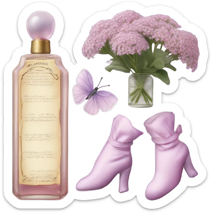 Aesthetic setup of pastel pink alyssum, a charming antique violet perfume bottle, a romantic letter, and lilac velvet gloves. sticker