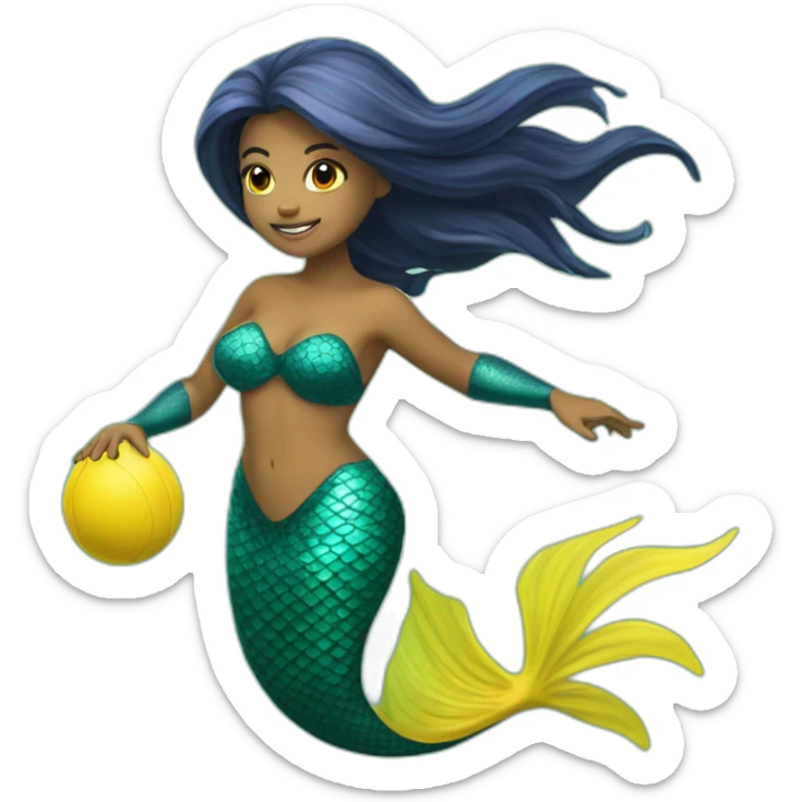 Underwater mermaid swimming with fins, snorkel equipement, holding a small yellow ball, looking strong and fighting sticker