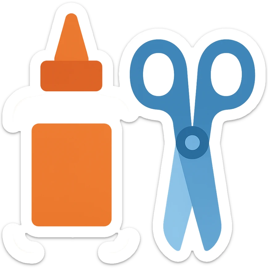 bottle of glue with orange label and tip and a pair of blue scissors, flat toon vector illustration sticker