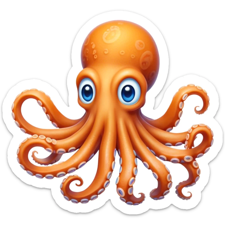 Cinematic Noble Octopus Portrait Emoji, Poised and enchanting, with a light orange body adorned with vibrant blue rings and eight delightfully curling arms with gentle suckers, large sparkling eyes exuding warmth and playfulness, Simplified yet charmingly expressive features, highly detailed, glowing with a soft, magical underwater radiance, high shine, intelligent and irresistibly cute, stylized with an air of whimsical marine enchantment, focused and fluid, soft glowing outline, capturing the essence of a watchful and endearing octopus that appears ready to float out of the screen with delightful charm! sticker