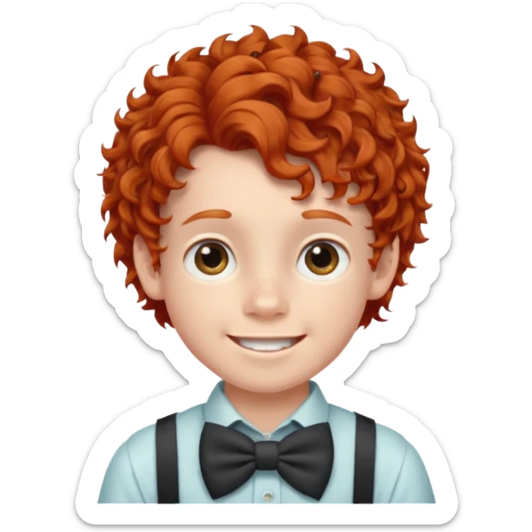redhead kid with unique face features and very curly hair kid boy happy and braces on teeth, wearing a bow on head sticker