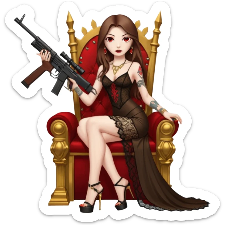 Lilith female red eyes symbol. Tattoo arms. Her hair is brown straight long hair.wearing sexy long  lace dress with slit. black stiletto platform high heels shoes on. Sitting on gold throne with rubies sniper rifle in one hand cash in other hand sticker