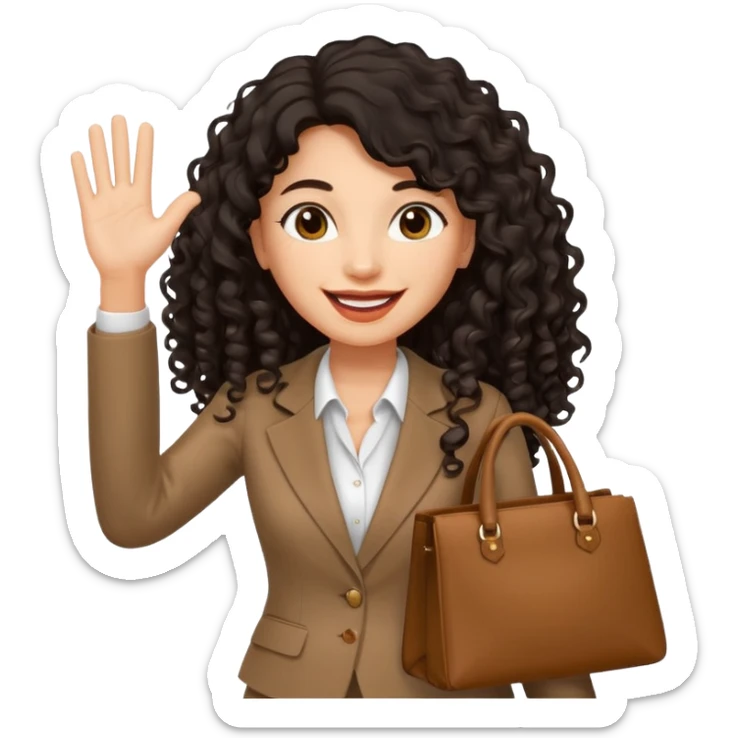 medium deep tan brown business woman with long black curly hair, waving hand with happy face with smile mouth and carrying bag on her shoulder sticker