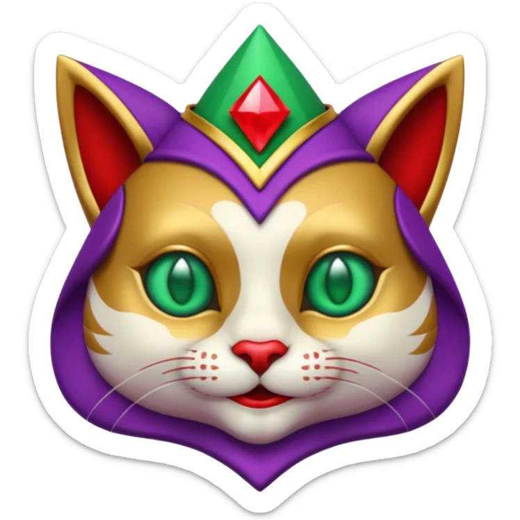 crazy colorful cute little cat jolly joker from poker, medieval, vintage, court jester, mac os icon, purple, gold and red color, half body, emerald green ice eyes. Squared shape as 3D mac os icon, symmetrical sticker