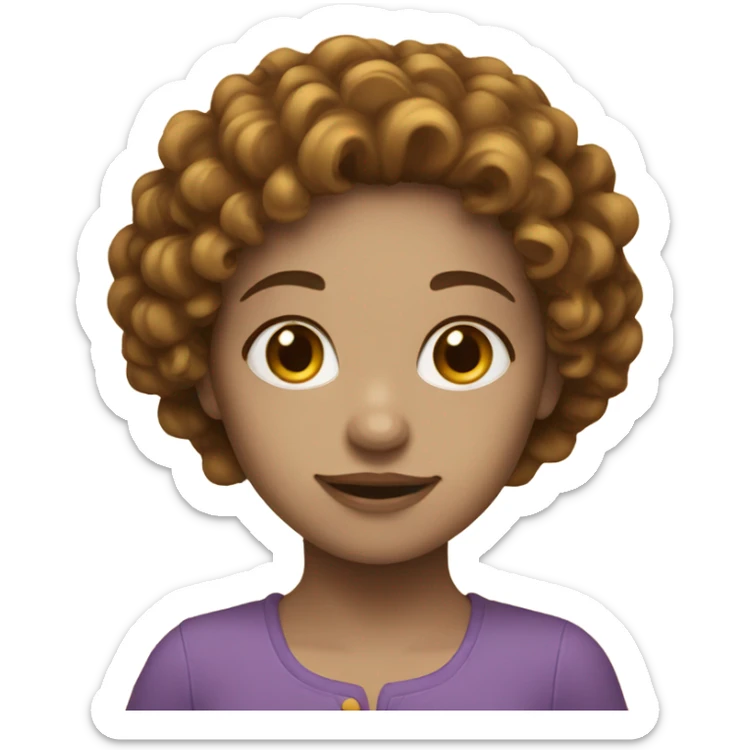 A girl with white skin with brown curly hair with a golden strand sticker