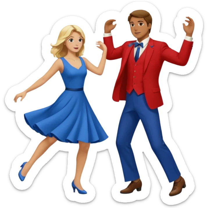 Two people. Man wearing all  RED with brown hair. Women  ALL blue with blond hair. Swing Dancing.  sticker