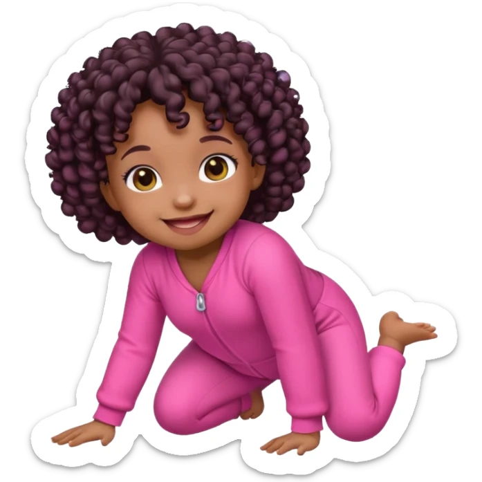 crawling cute baby emoji, pink outfit, Black girl, curly hair sticker