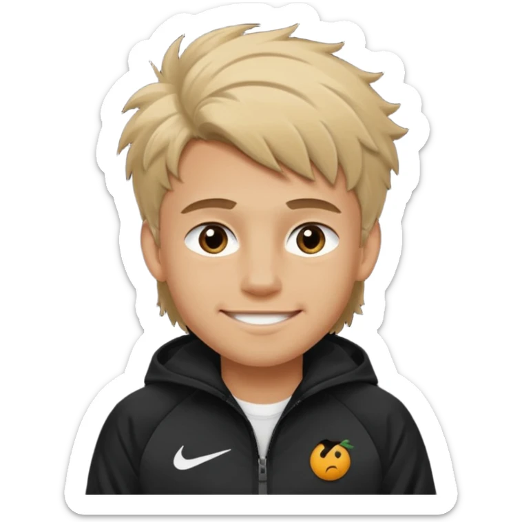 make a boy with fluffy dirty blond hair hazel eyes tan white smirky smile and nike tech sticker