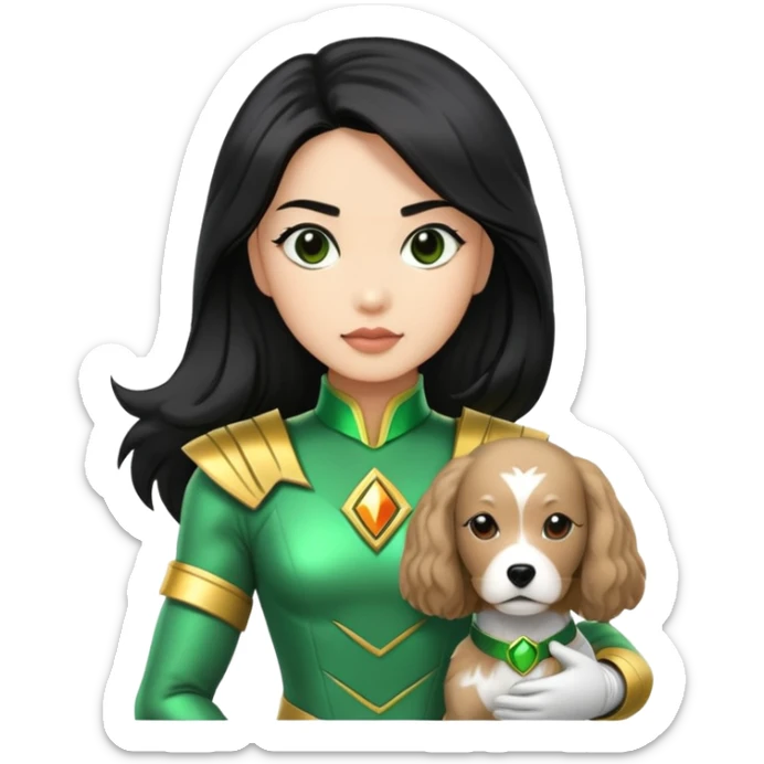 female green power ranger with wasian features, long black hair, and a fully light brown cockapoo dog at her side sticker