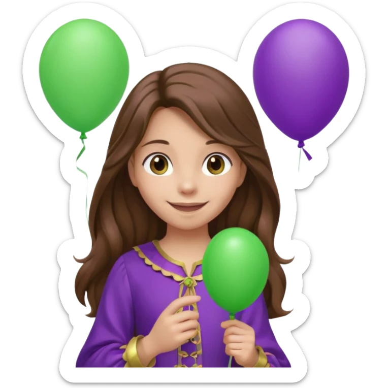 girl with long brown hair and purple costumes, holding green balloon sticker