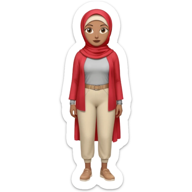 Heavy-set woman with medium-brown skin wearing a light red hijab, cream top, light red pants, tan shoes, and a grey prosthetic leg. Standing confidently with one hand on her hip sticker