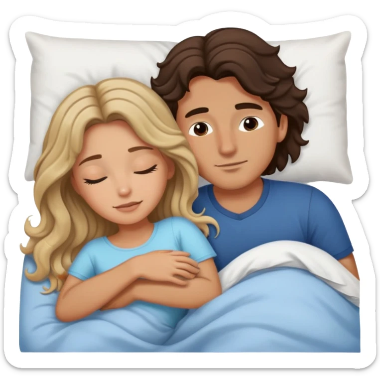 Man with dark brown wavy hair and one woman with long dark blonde hair in bed cuddling and sleeping  sticker