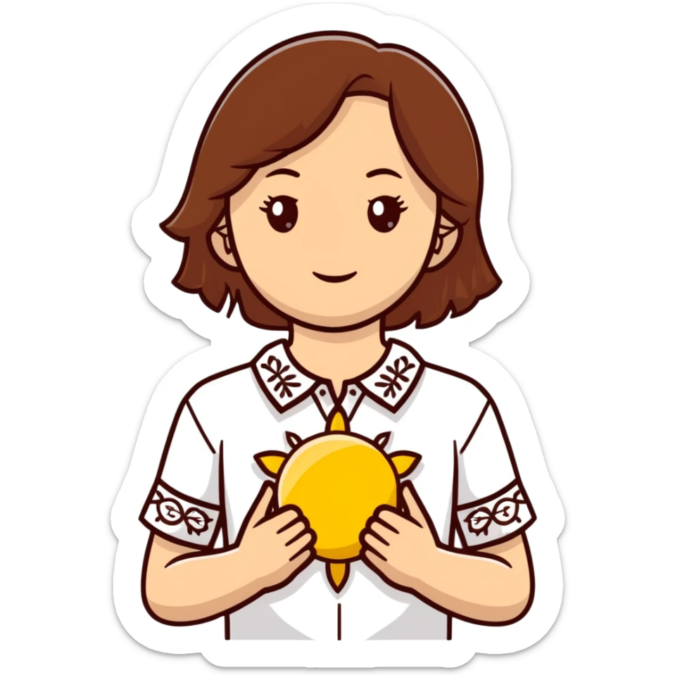 A young Ukrainian girl with brown hair wearing a traditional white embroidered shirt carefully holds a bright sun in her hands sticker